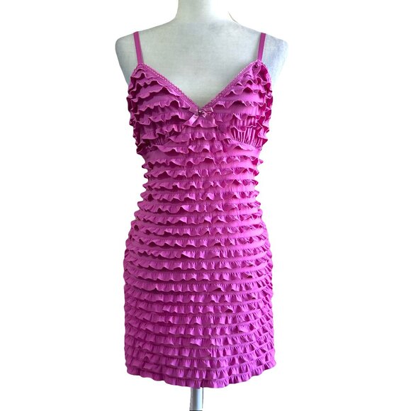 Bisou Bisou Vtg Y2K 2000s Pink Ruffle Lingerie Slip - Picture 1 of 5